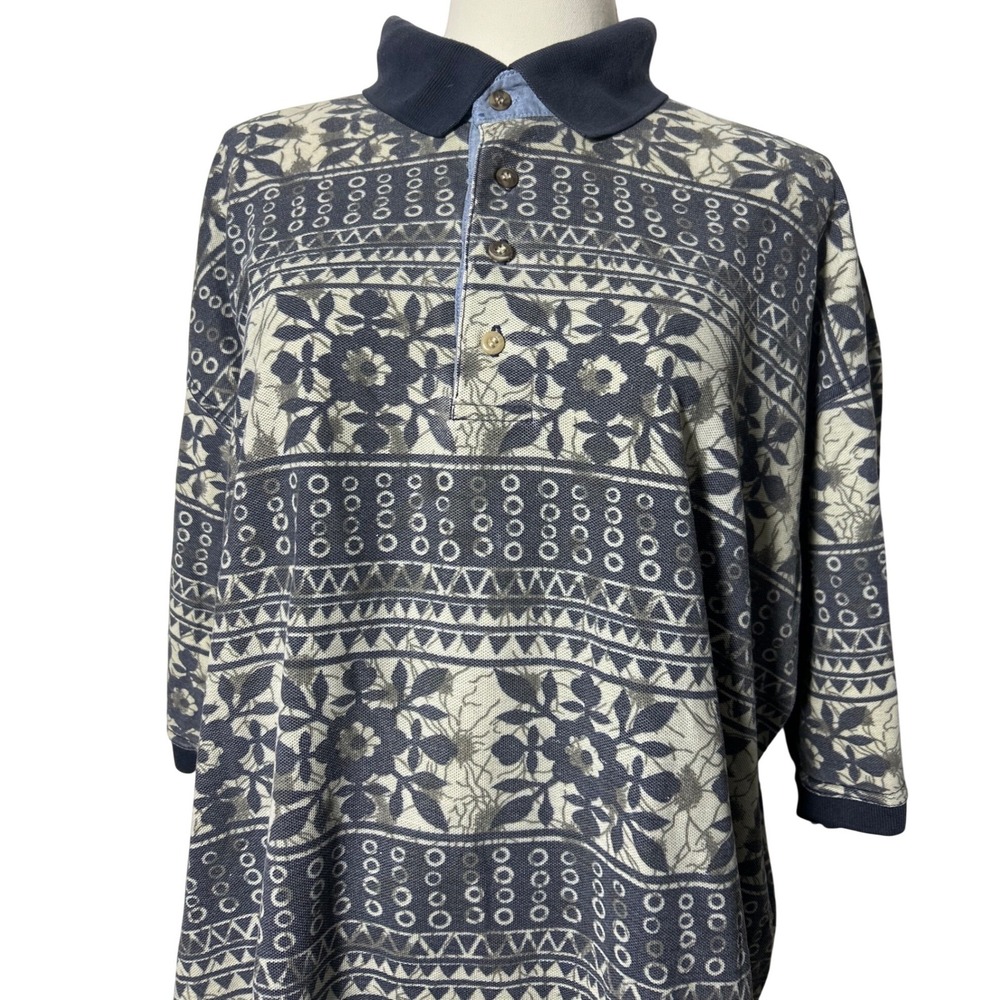 Vintage Bugle Boy XXL Polo Shirt Mens Blue Grey Geometric Floral 90s